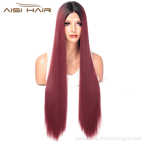 Aisi Hair Ombre Red Dark Root Wig Long Silky Straight Lace Frontal Wig Middle Part Synthetic Front Lace Hair Wigs For Women